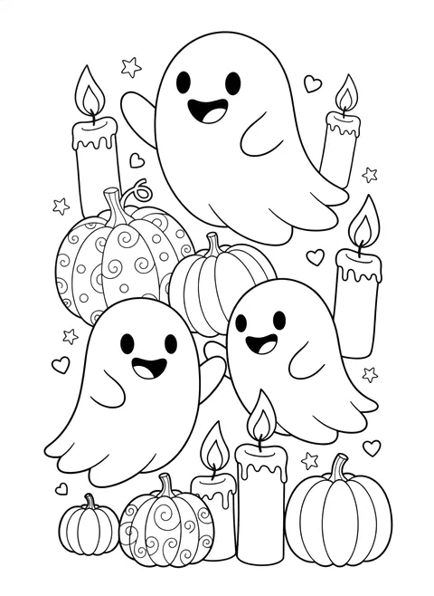 Friendly little ghosts coloring page for adults: cute friendly little ghosts floating among pumpkins and candles, black line art