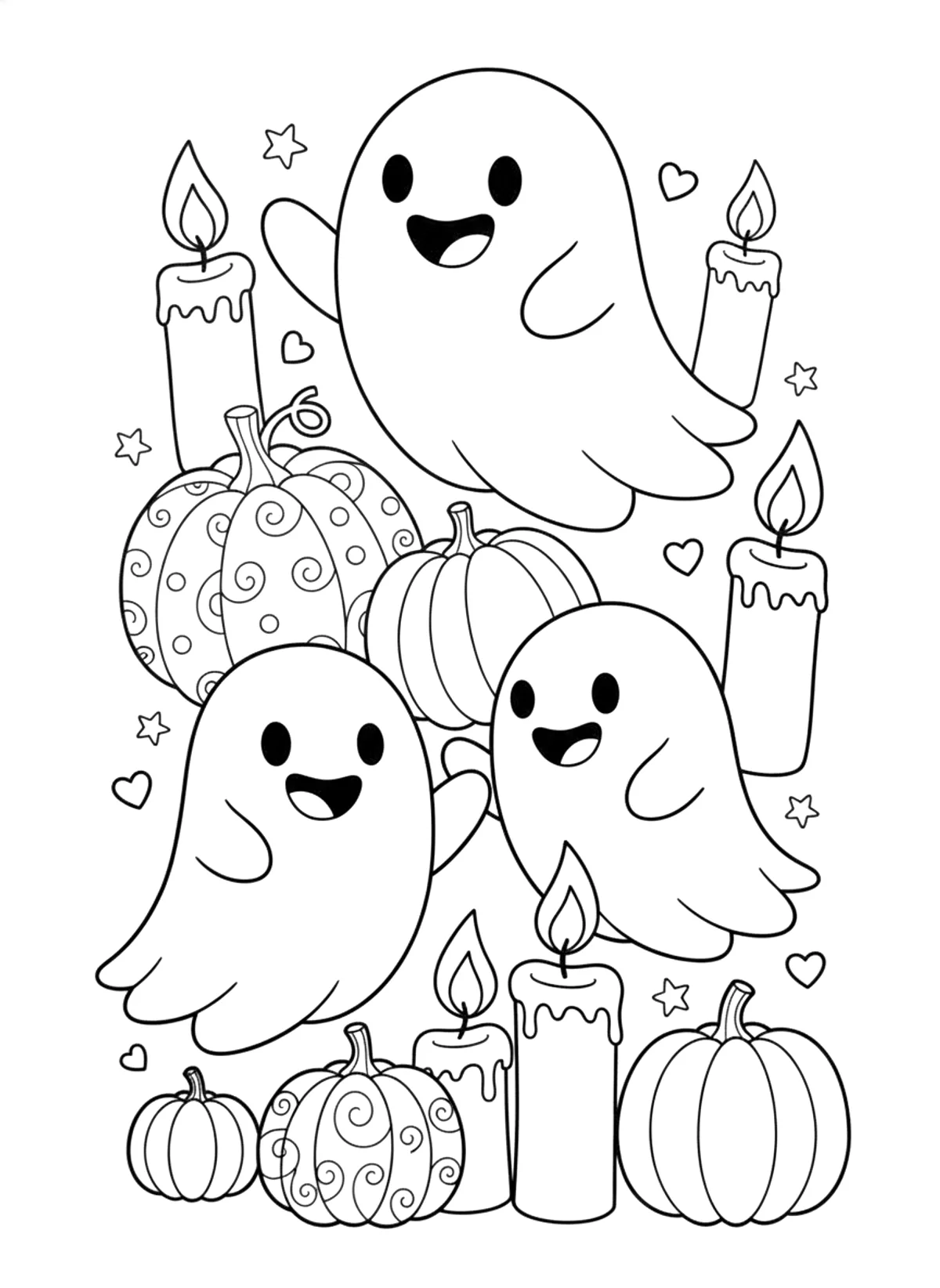 Friendly little ghosts coloring page for adults: cute friendly little ghosts floating among pumpkins and candles, black line art