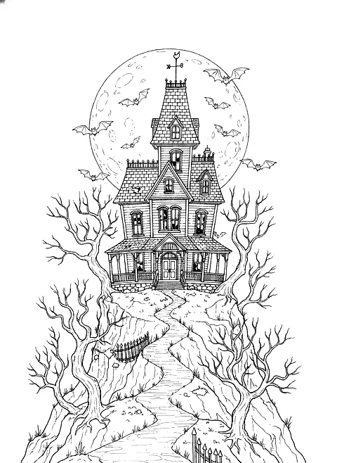 Haunted house on the hill coloring page for adults: a haunted victorian house on a hill with bare trees, bats and a full moon, black line art