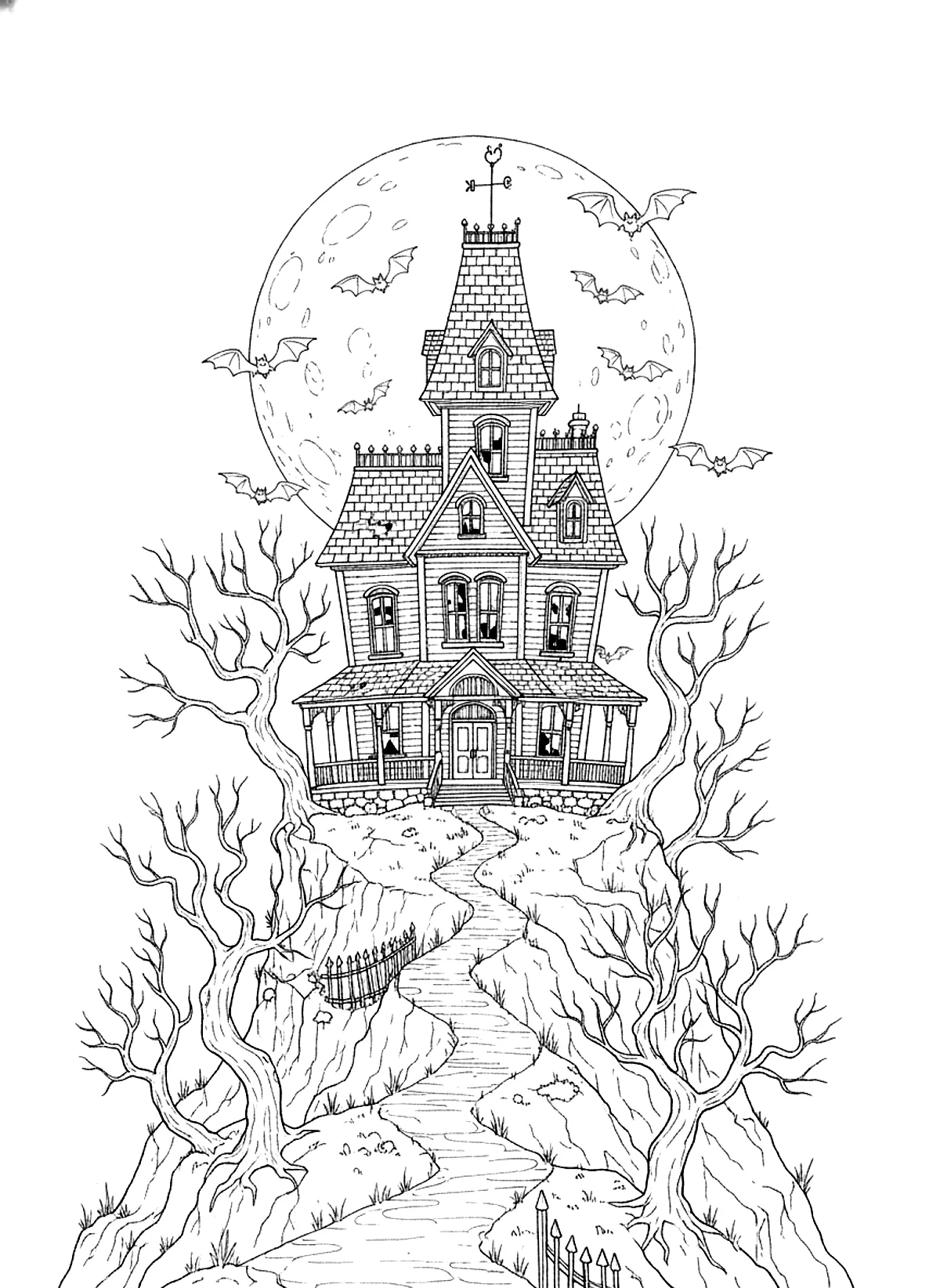Haunted house on the hill coloring page for adults: a haunted victorian house on a hill with bare trees, bats and a full moon, black line art