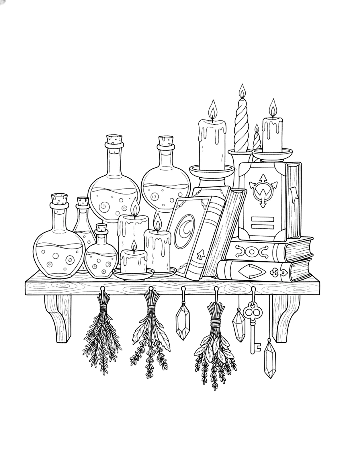 Potion shelf coloring page for adults: a shelf of magic potion bottles, candles, spell books and dried herbs, black line art