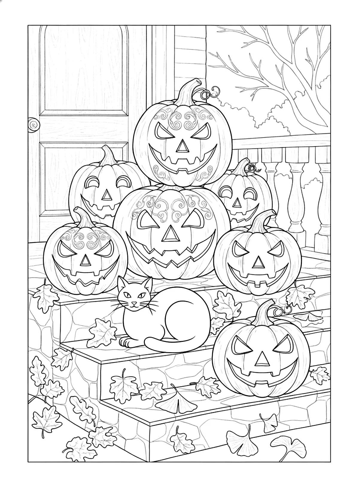 Jack-o’-lanterns on the steps coloring page for adults: carved jack-o-lanterns on porch steps with candles, autumn leaves and a black cat, black line art