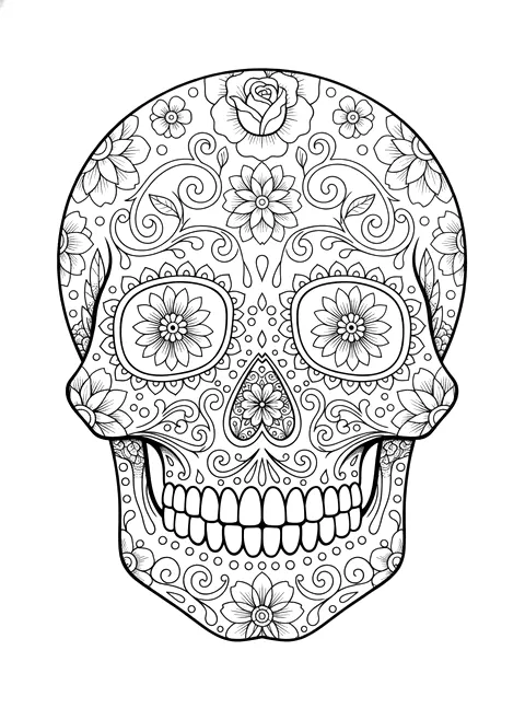 Skull with flowers coloring page for adults: an ornamental sugar skull decorated with flowers and patterns, black line art