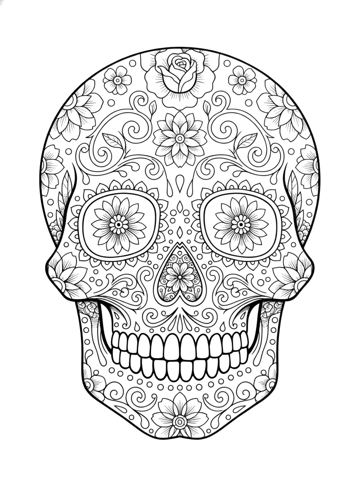 Skull with flowers coloring page for adults: an ornamental sugar skull decorated with flowers and patterns, black line art