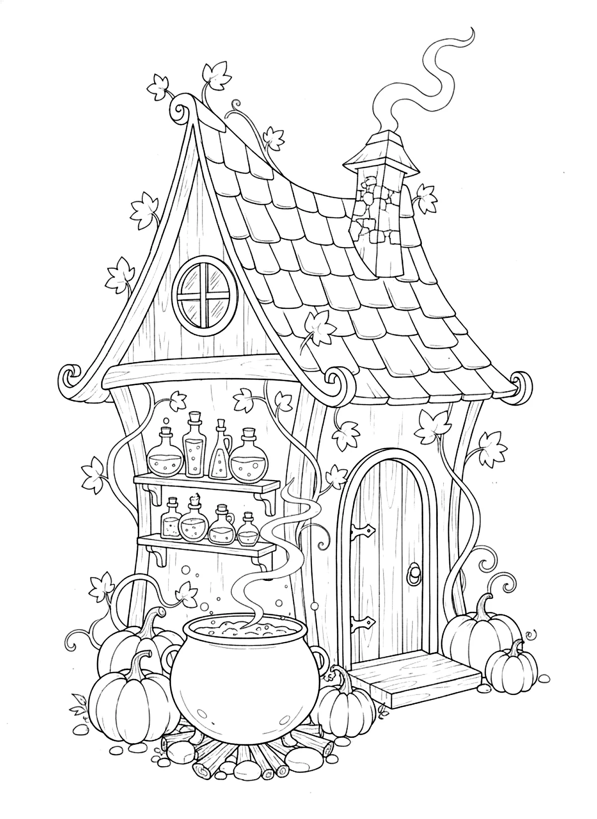 Cozy witch’s cottage coloring page for adults: a cozy witch cottage with a crooked roof, cauldron, potion bottles and pumpkins, black line art