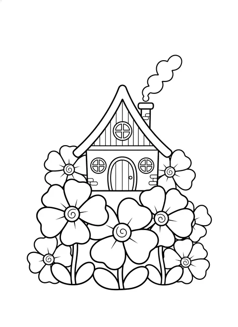 Bold cozy cottage coloring page for adults: a simple cozy cottage with a round door, chimney and big flowers, black line art