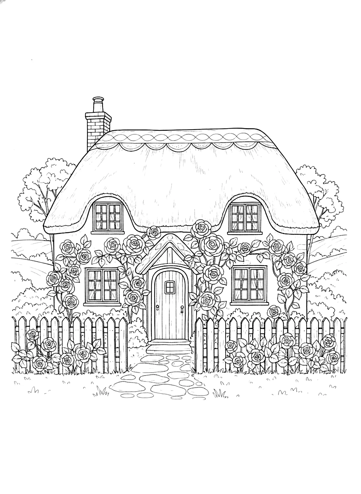 Thatched country cottage coloring page for adults: a thatched country cottage with roses around the door and a picket fence, black line art