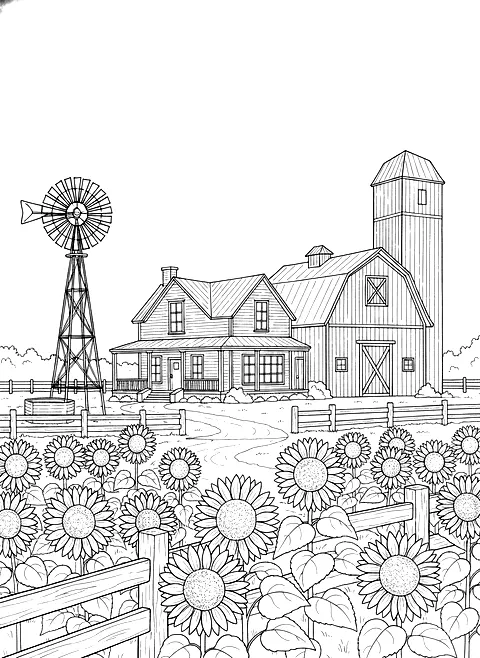 Farmhouse with a red barn coloring page for adults: a farmhouse with a red barn, a windmill, fences and sunflowers, black line art