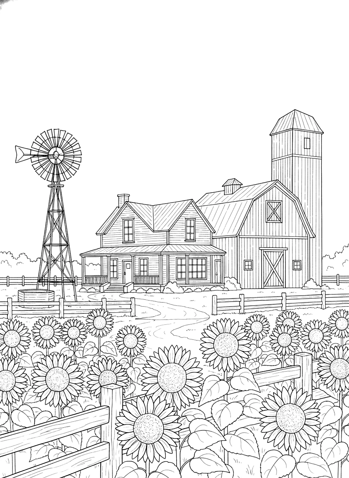 Farmhouse with a red barn coloring page for adults: a farmhouse with a red barn, a windmill, fences and sunflowers, black line art