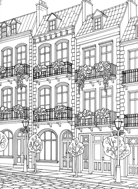 Colorful row houses coloring page for adults: a street of tall narrow row houses with balconies and plants, black line art