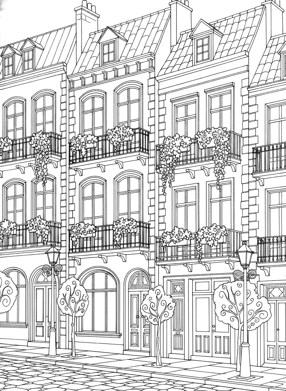 Colorful row houses coloring page for adults: a street of tall narrow row houses with balconies and plants, black line art