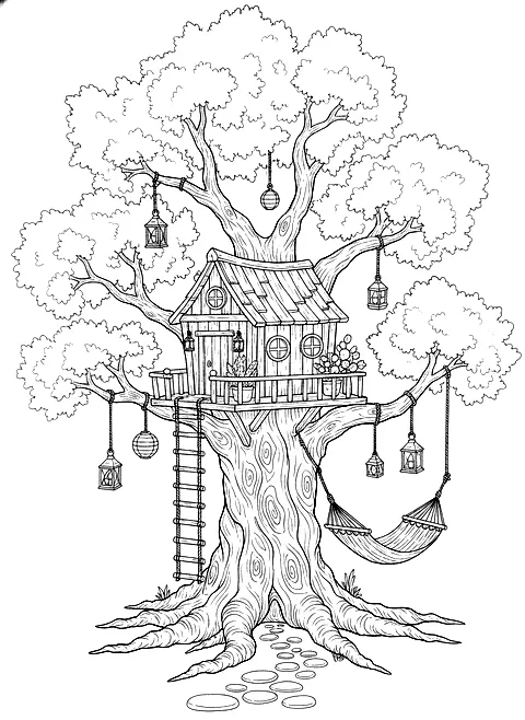 Treehouse in an old oak coloring page for adults: a cozy treehouse in a big oak tree with a rope ladder and lanterns, black line art