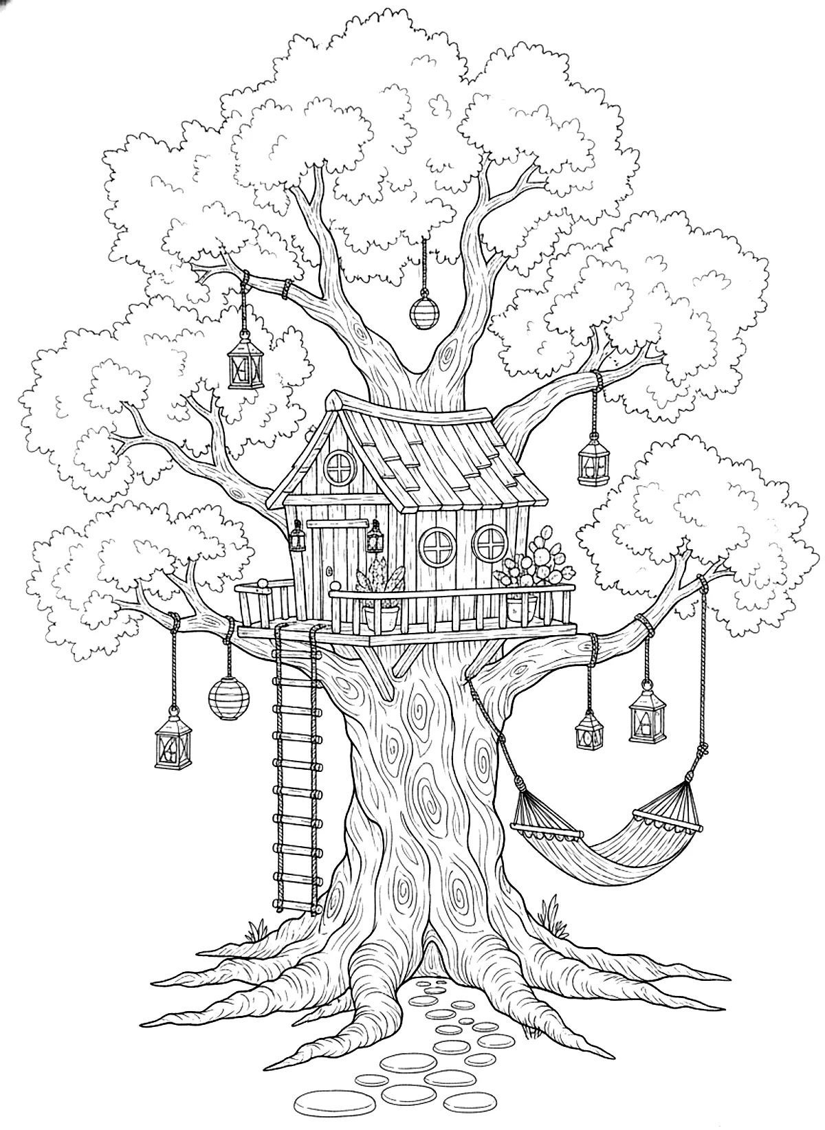 Treehouse in an old oak coloring page for adults: a cozy treehouse in a big oak tree with a rope ladder and lanterns, black line art