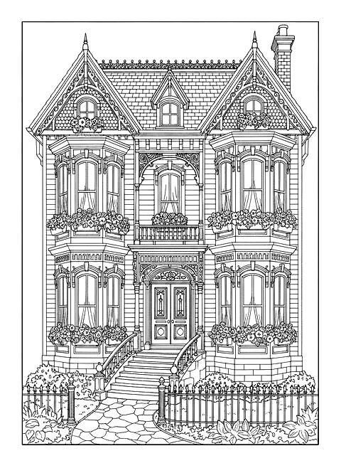 Victorian townhouse coloring page for adults: a decorated victorian townhouse with bay windows and flower boxes, black line art