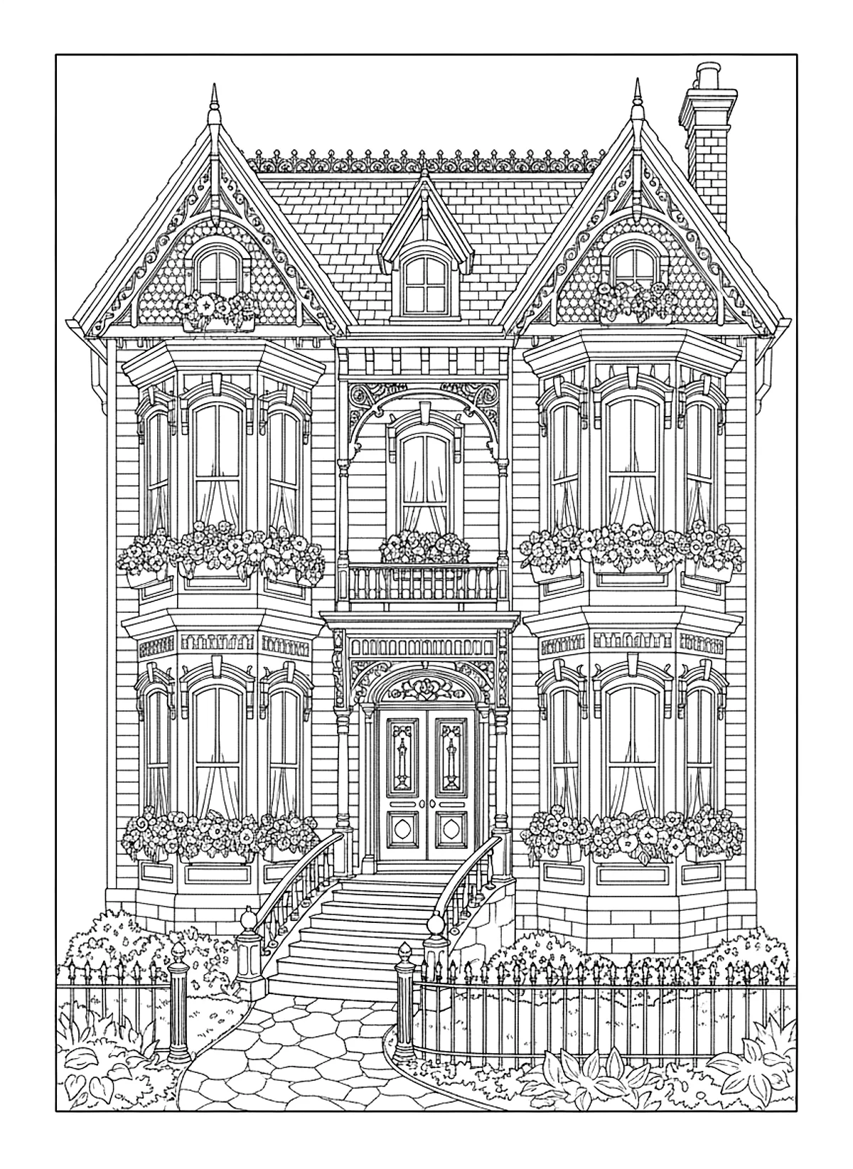 Victorian townhouse coloring page for adults: a decorated victorian townhouse with bay windows and flower boxes, black line art