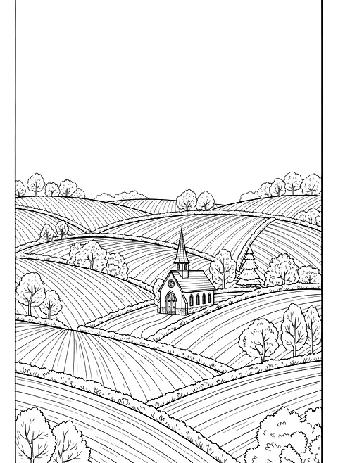 Rolling countryside hills coloring page for adults: rolling countryside hills with fields, hedges, trees and a small church, black line art