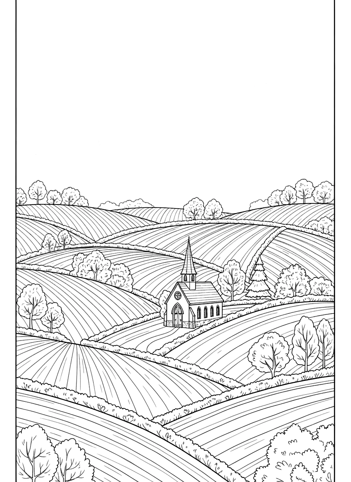 Rolling countryside hills coloring page for adults: rolling countryside hills with fields, hedges, trees and a small church, black line art
