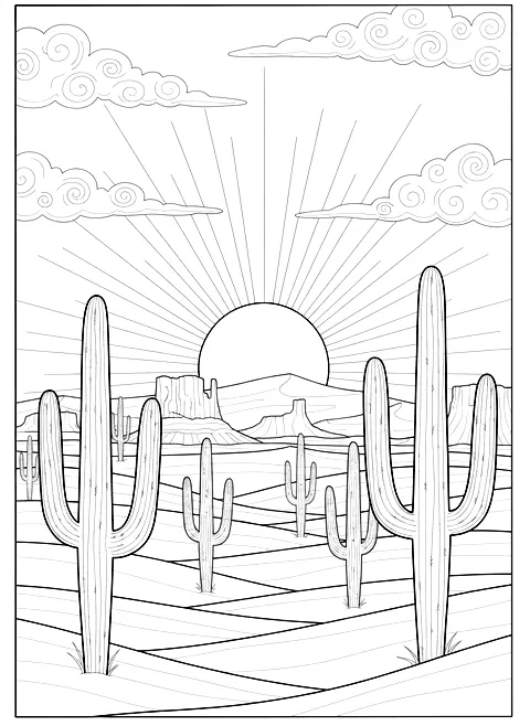 Desert with cacti coloring page for adults: a desert landscape with saguaro cacti, mesas and a setting sun, black line art