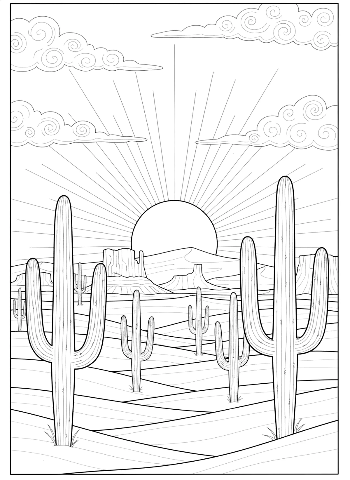 Desert with cacti coloring page for adults: a desert landscape with saguaro cacti, mesas and a setting sun, black line art