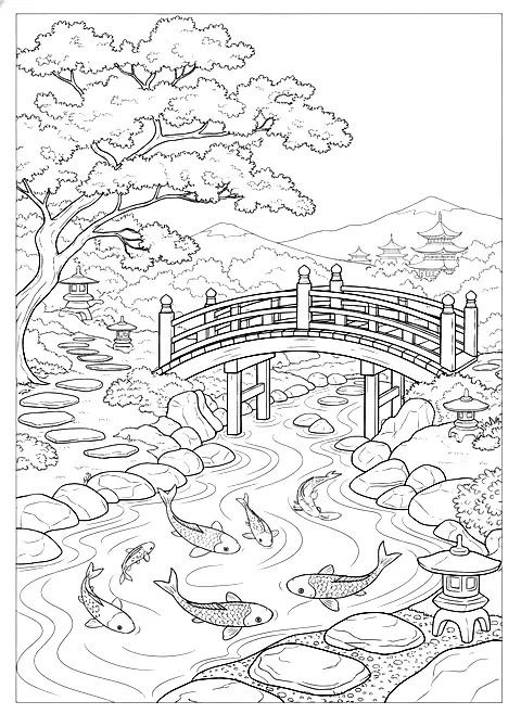Japanese garden bridge coloring page for adults: a japanese garden with an arched bridge, koi pond, maple tree and lanterns, black line art
