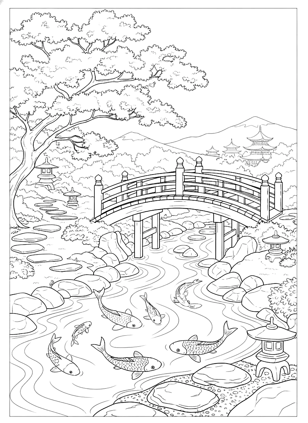 Japanese garden bridge coloring page for adults: a japanese garden with an arched bridge, koi pond, maple tree and lanterns, black line art