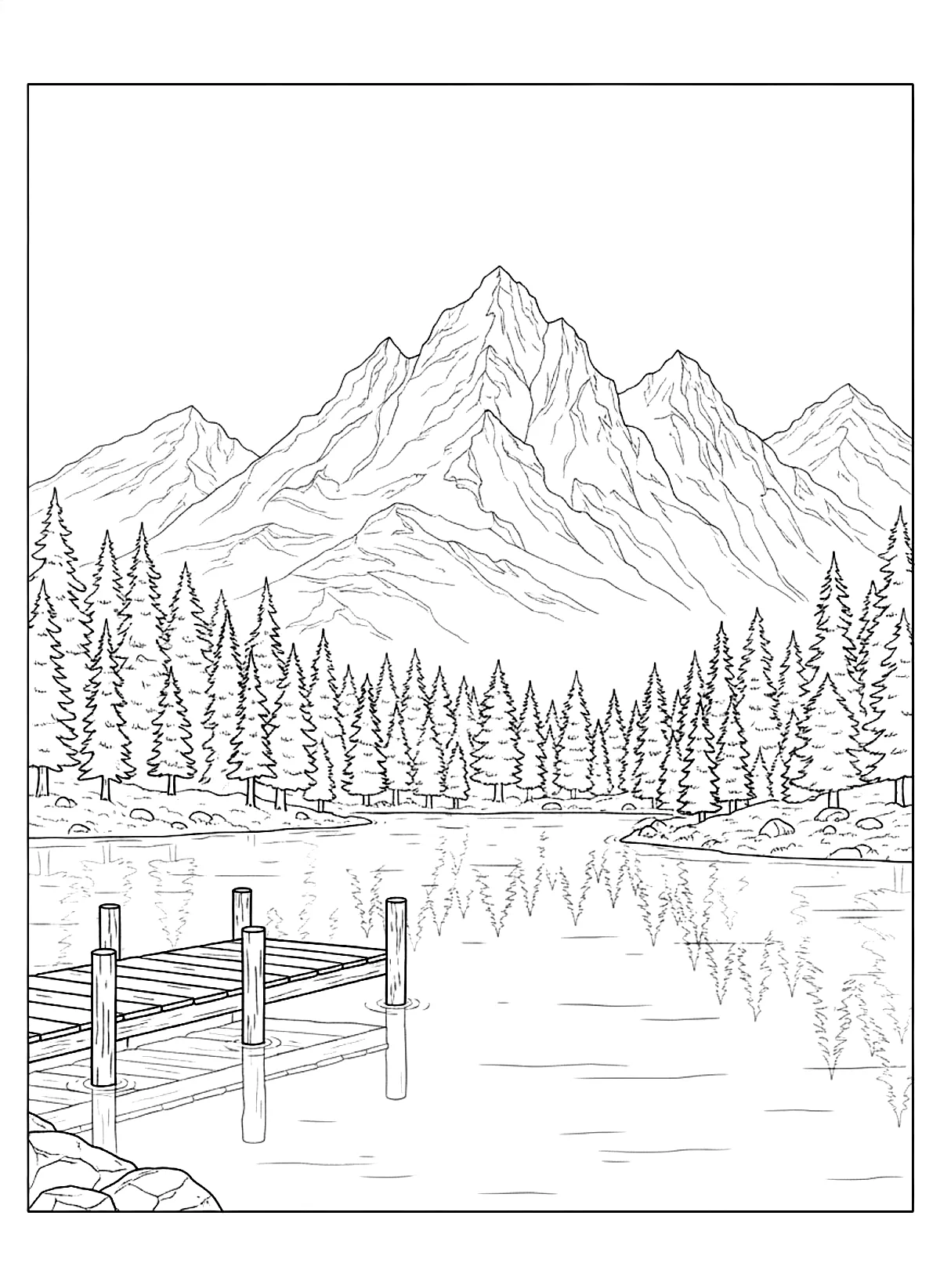 Mountain lake at sunrise coloring page for adults: a mountain lake with pine trees, a wooden dock and mountains behind, black line art
