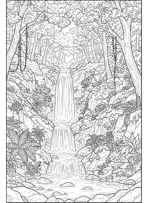 Forest waterfall coloring page for adults: a waterfall in a lush forest with rocks, ferns and moss, black line art