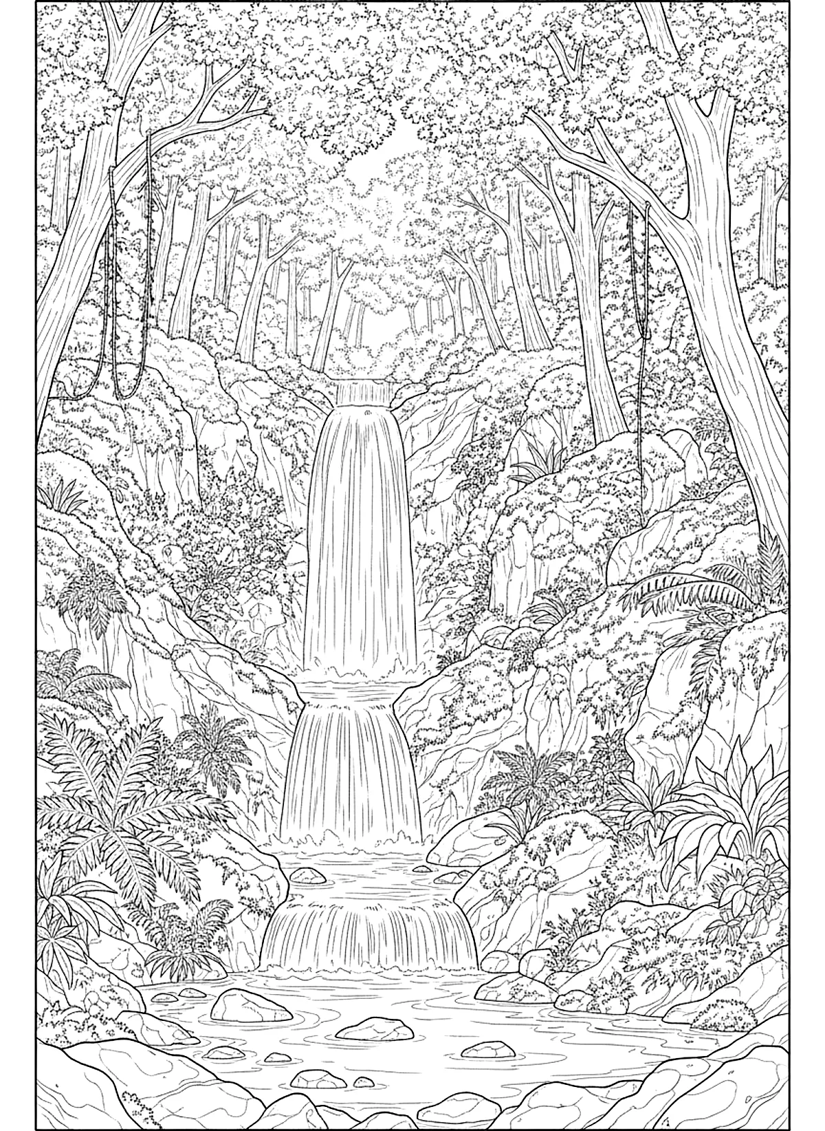 Forest waterfall coloring page for adults: a waterfall in a lush forest with rocks, ferns and moss, black line art