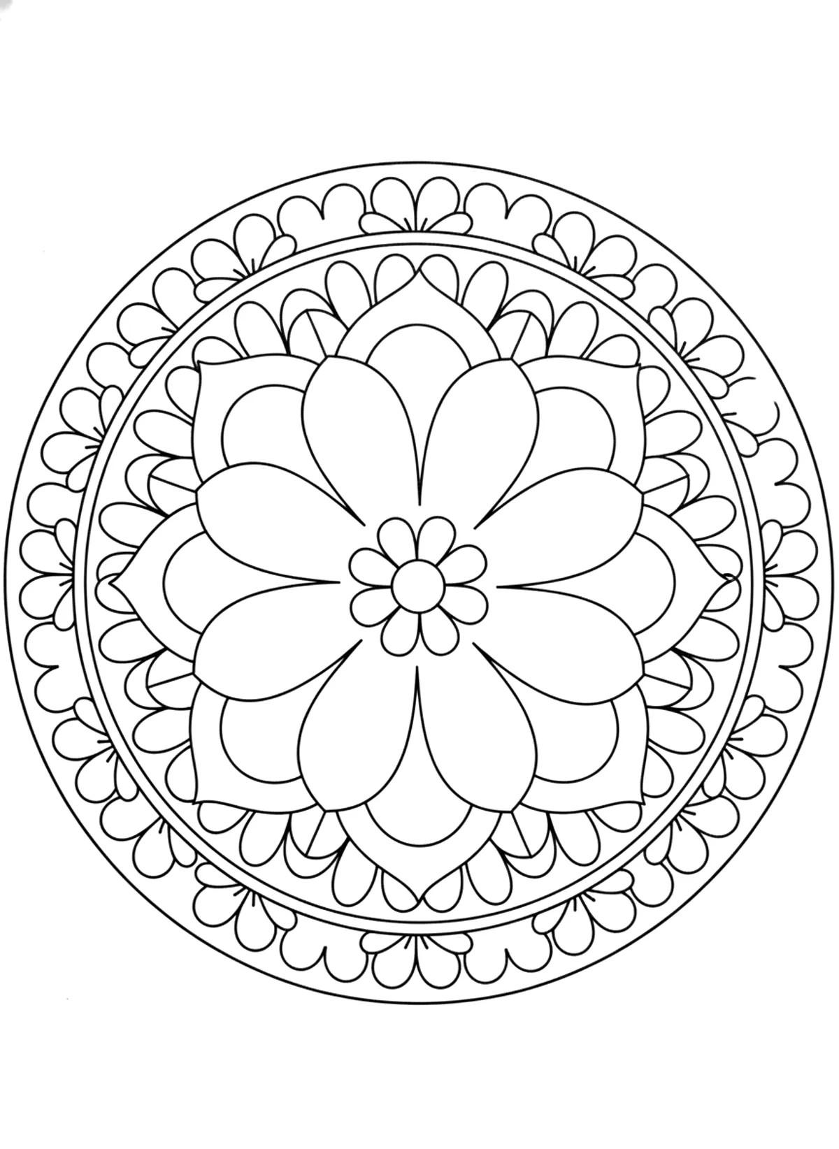 Bold flower mandala coloring page for adults: a simple flower mandala with big petals and thick outlines, black line art