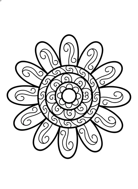Bold sun mandala coloring page for adults: a simple sun-shaped mandala with big rays and large shapes, black line art