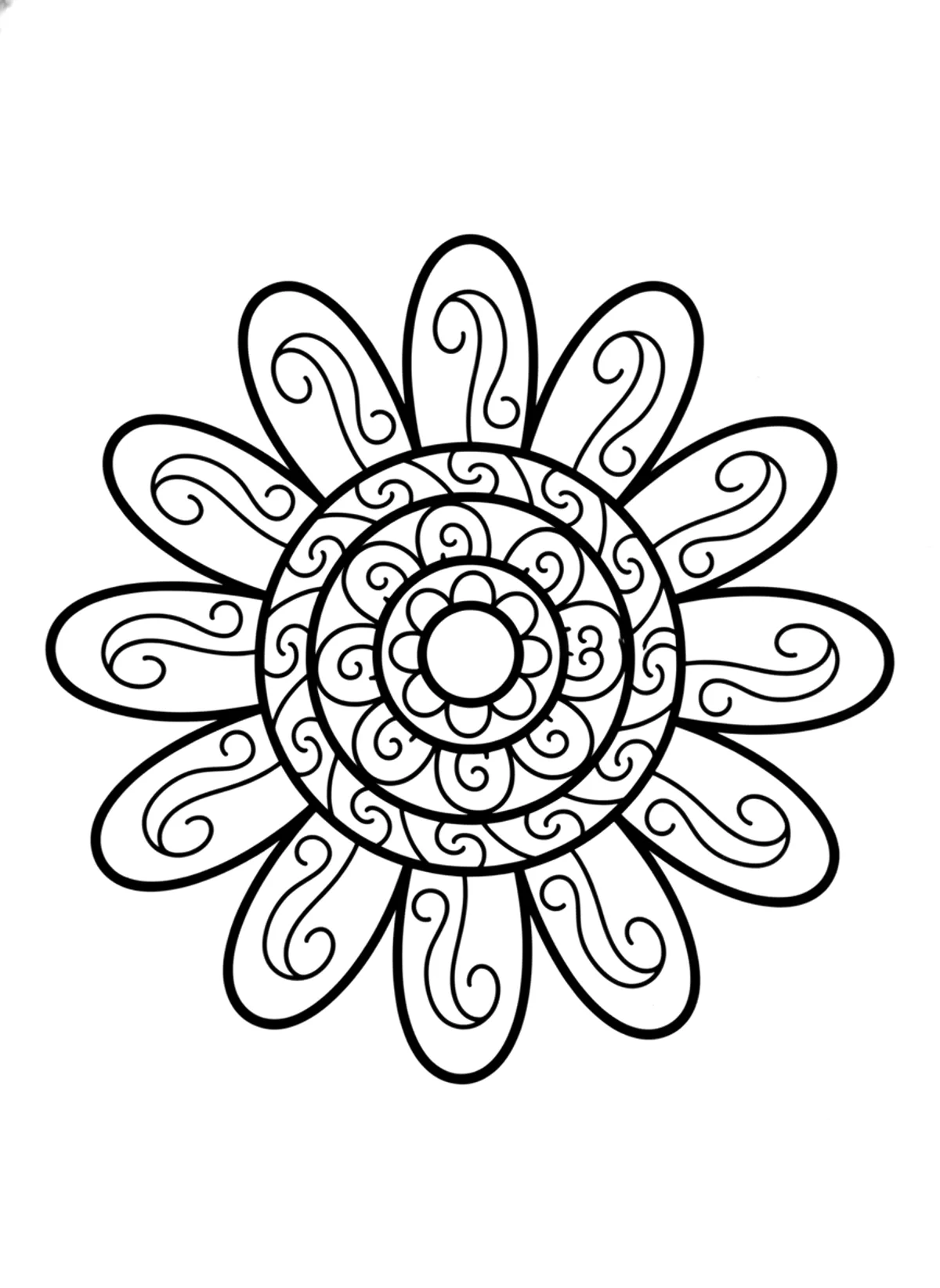 Bold sun mandala coloring page for adults: a simple sun-shaped mandala with big rays and large shapes, black line art