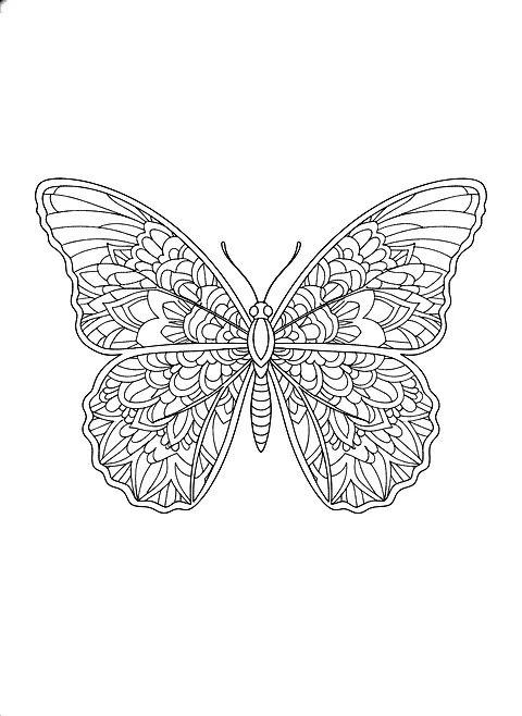 Butterfly mandala coloring page for adults: a butterfly whose wings are filled with symmetrical mandala patterns, black line art