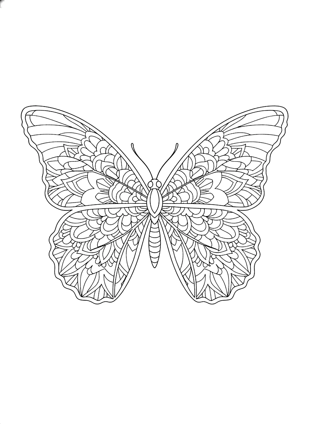 Butterfly mandala coloring page for adults: a butterfly whose wings are filled with symmetrical mandala patterns, black line art