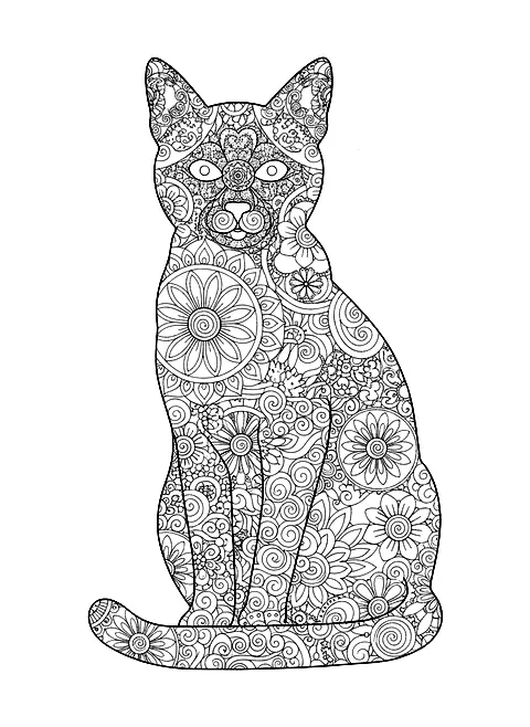 Cat mandala coloring page for adults: a sitting cat silhouette filled with mandala patterns, black line art