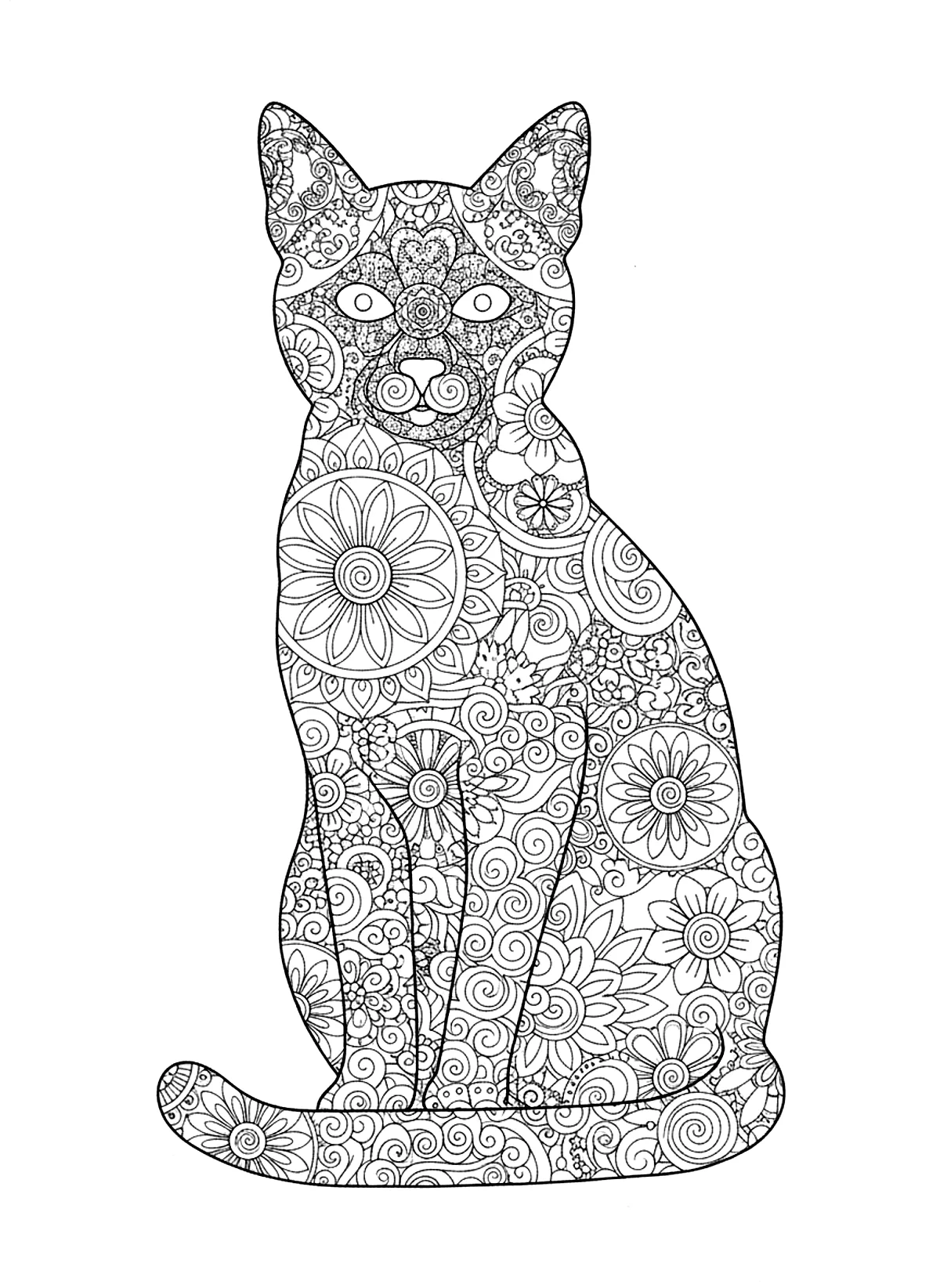 Cat mandala coloring page for adults: a sitting cat silhouette filled with mandala patterns, black line art