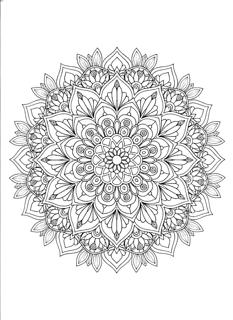 Floral mandala coloring page with layered petals in a large symmetrical pattern
