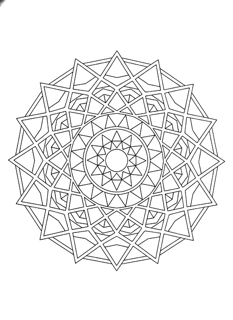 Geometric mandala coloring page for adults: a geometric mandala of triangles, circles and hexagons in perfect symmetry, black line art