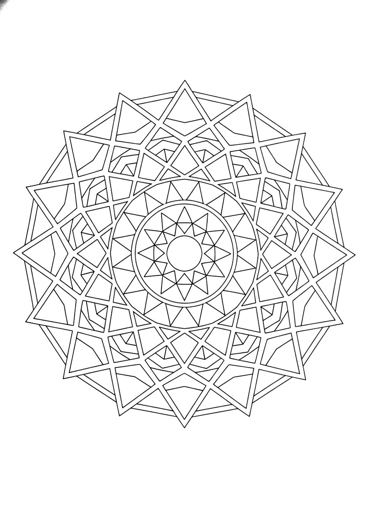 Geometric mandala coloring page for adults: a geometric mandala of triangles, circles and hexagons in perfect symmetry, black line art