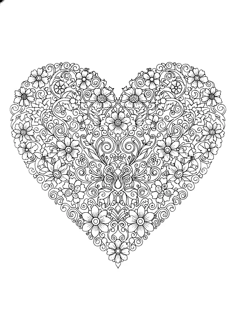 Heart mandala coloring page for adults: a heart-shaped mandala with floral patterns, black line art