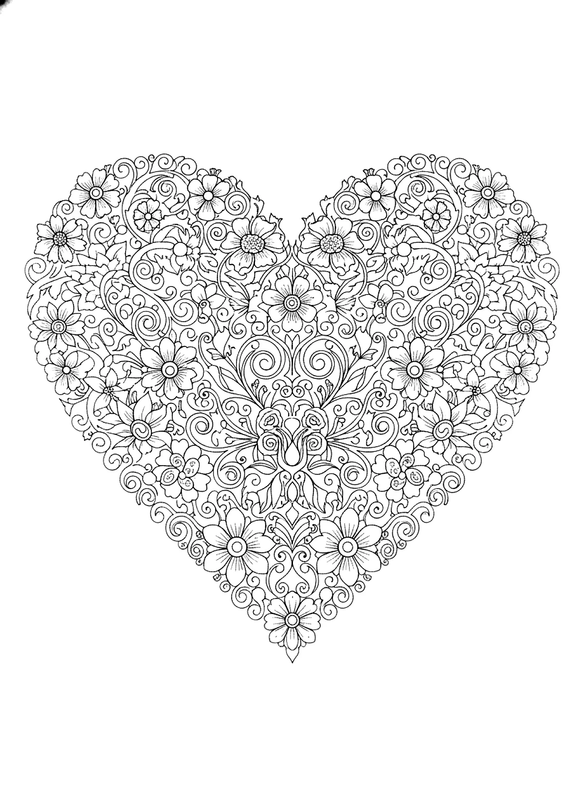 Heart mandala coloring page for adults: a heart-shaped mandala with floral patterns, black line art