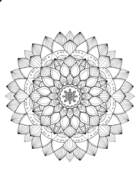 Lotus mandala coloring page for adults: a mandala built from layered lotus petals around a small center, black line art