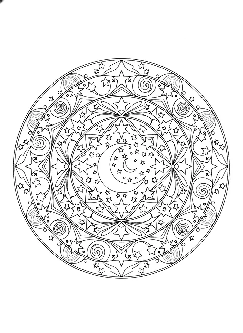Moon and stars mandala coloring page for adults: a round mandala with a crescent moon in the center surrounded by stars and celestial patterns, black line art