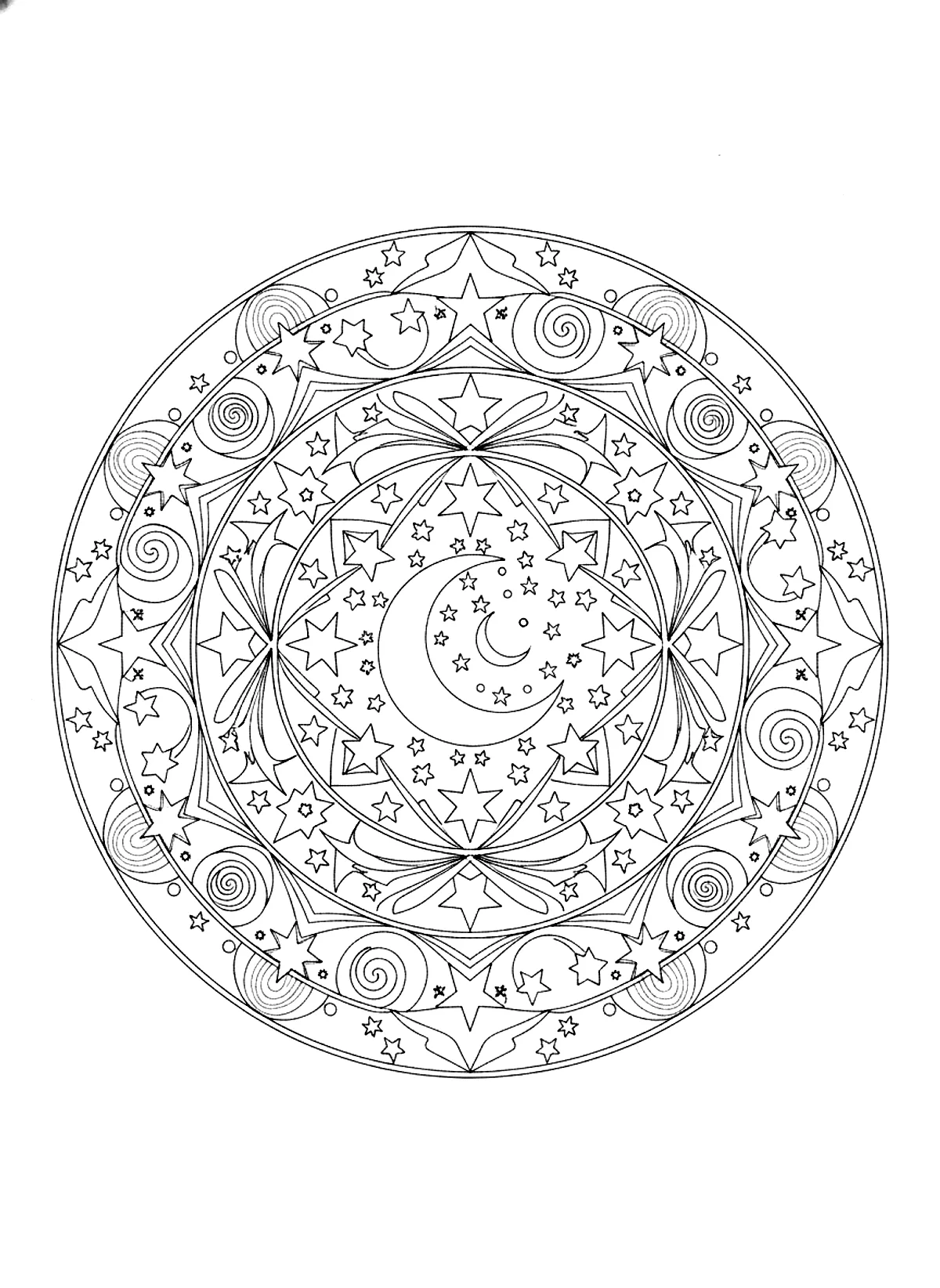 Moon and stars mandala coloring page for adults: a round mandala with a crescent moon in the center surrounded by stars and celestial patterns, black line art