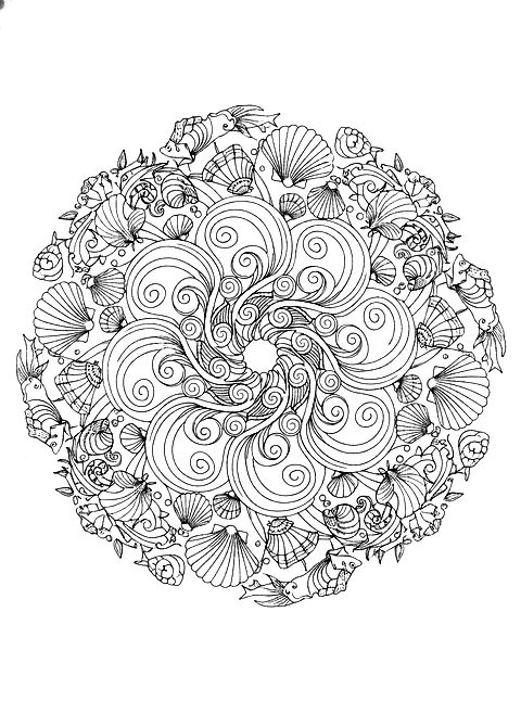 Ocean wave mandala coloring page for adults: a mandala made of waves, shells and fish, black line art