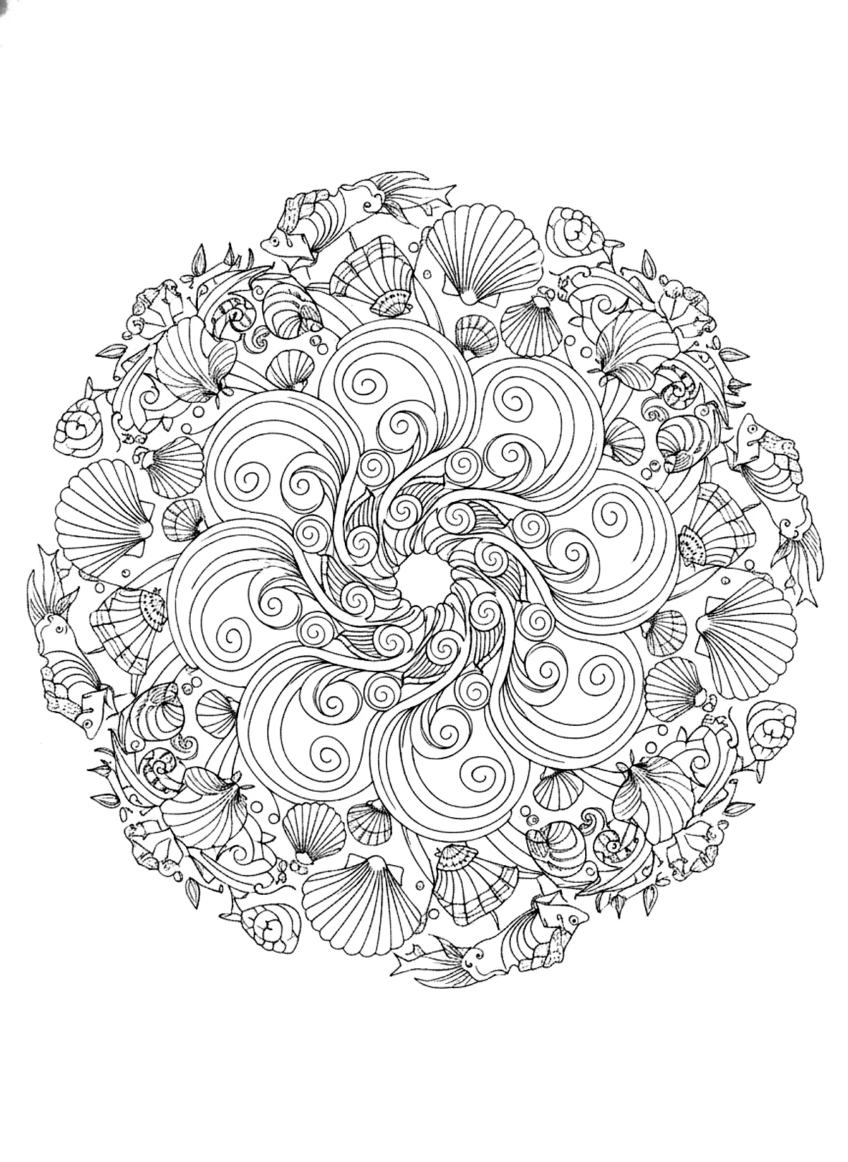 Ocean wave mandala coloring page for adults: a mandala made of waves, shells and fish, black line art