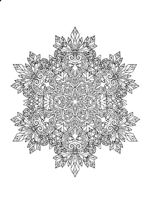 Snowflake mandala coloring page for adults: a large snowflake-shaped mandala with intricate crystal patterns, black line art