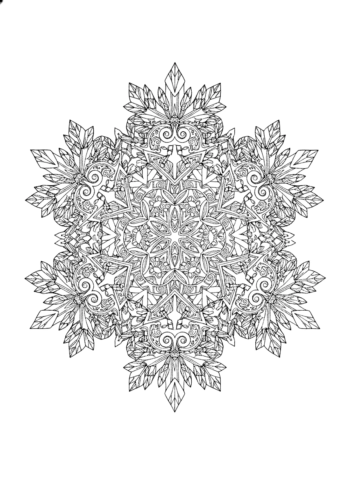 Snowflake mandala coloring page for adults: a large snowflake-shaped mandala with intricate crystal patterns, black line art