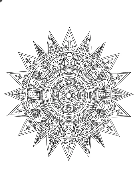 Sun mandala coloring page for adults: a sun-shaped mandala with rays and geometric patterns, black line art