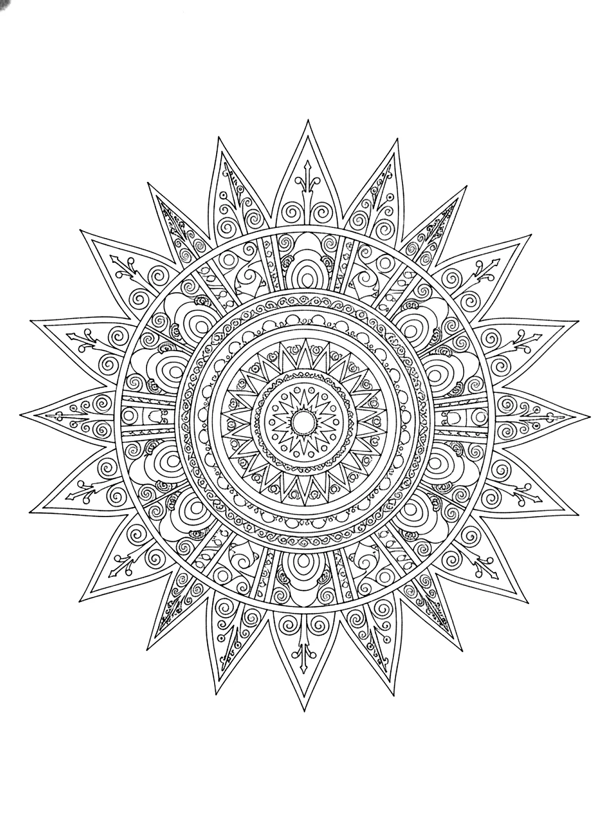 Sun mandala coloring page for adults: a sun-shaped mandala with rays and geometric patterns, black line art