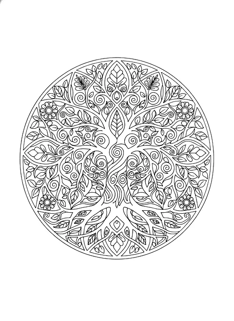 Tree of life mandala coloring page for adults: a tree of life inside a circle with roots and branches forming a mandala, black line art
